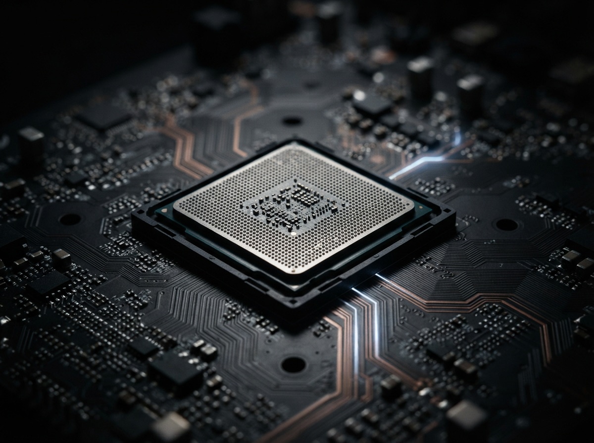Macro de um processador sobre placa de circuito com trilhas iluminadas