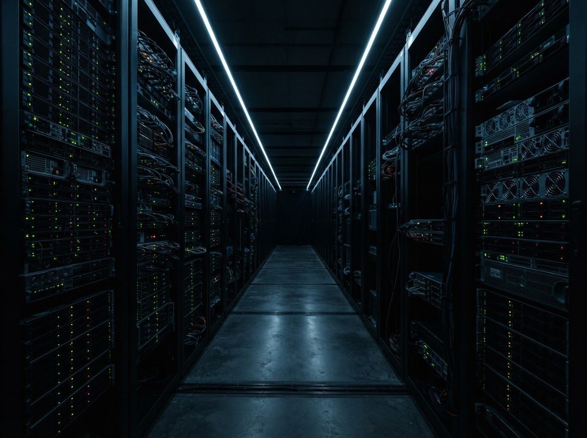 Corredor de data center com fileiras de racks de servidores
