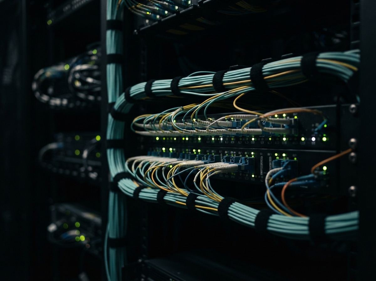 Painel de rede com dezenas de cabos de fibra óptica conectados e LEDs de status