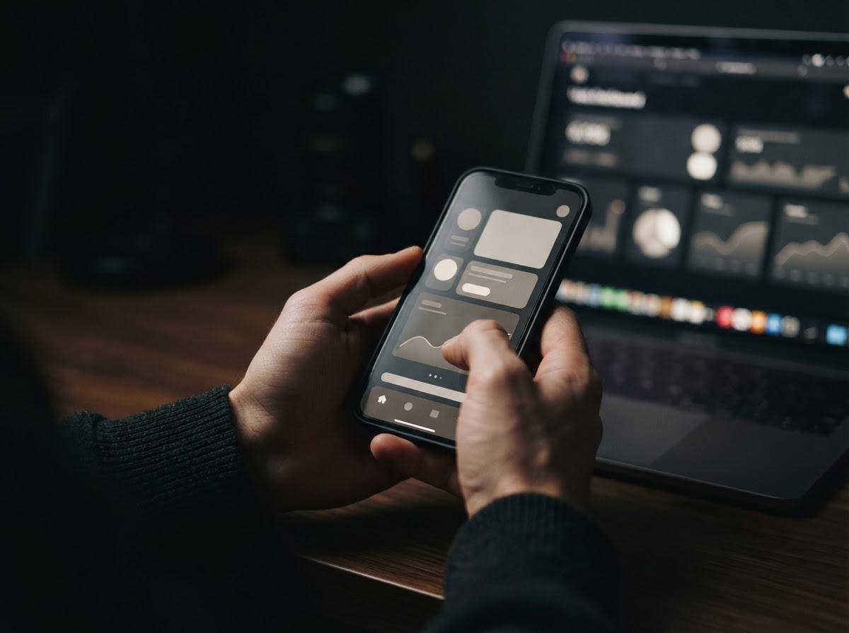 Mãos usando um aplicativo em um smartphone, com um painel web aberto no notebook ao fundo